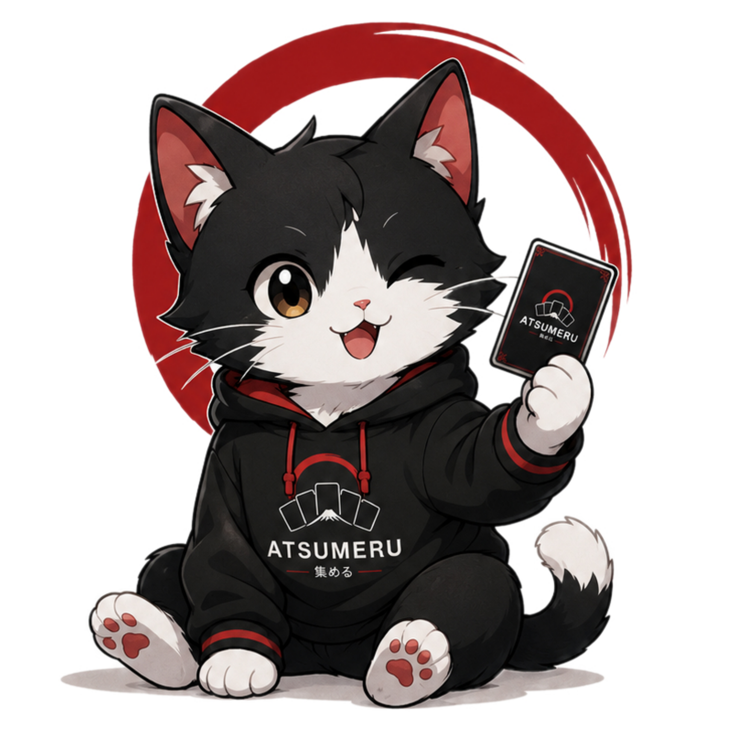 Kira, das Atsumeru-Maskottchen, vor einem roten Kreis